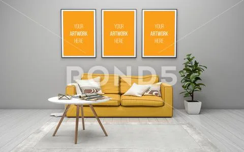 3D Rendering of Interior of Modern Living Room with Sofa - Couch and Table PSD Template