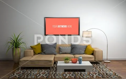 3D Rendering of Interior of Modern Living Room with Sofa - Couch and Table PSD Template