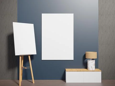 .3d rendering of the interior with a poster on the wall. Design of a light be Stock Illustration