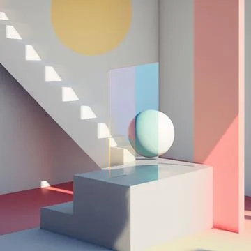 3d rendering of an interior of a room with beautiful minimalist sculptures Stock Illustration