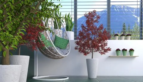 3d rendering of interior for a terrace with lots of green color Illustrazione stock