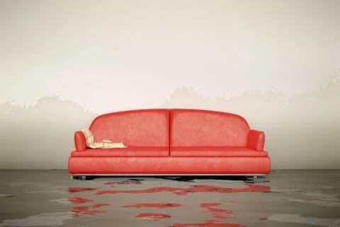 A 3d rendering of an interior water damage red sofa Ilustración de archivo