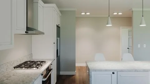 3d rendering of an interior with a white kitchen. Иллюстрация