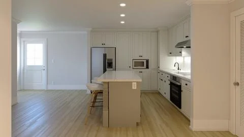 3d rendering of an interior with a white kitchen. Illustrazione stock