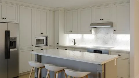 3d rendering of an interior with a white kitchen. Stockillustratie