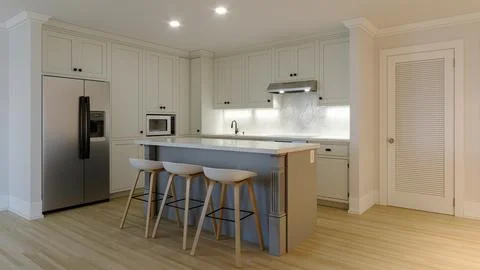 3d rendering of an interior with a white kitchen. Иллюстрация