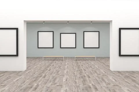 3d rendering of the interiors of a room with empty frames on the walls Stockillustratie