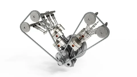 3d rendering of an internal combustion engine. Engine parts pistons, camshaft Stock Footage 90377381