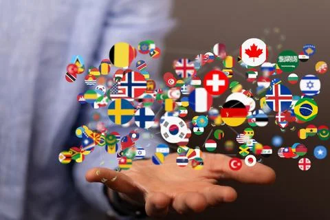 3d rendering of international flags connected in a scheme over a human hand Foto stock