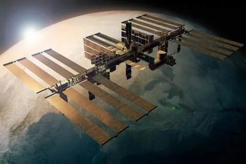 3D rendering of the International Space station orbiting the Earth Stock Illustration