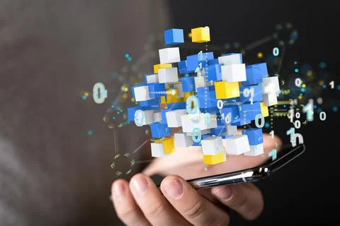 3d rendering of Internet infrastructure concept with a man holding his pone in Stockfoto's