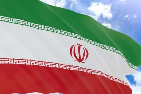 3D rendering of Iran flag waving on blue sky background Stock Illustration
