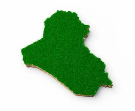 3D rendering of Iraq map soil land geology cross section with green grass Stock Illustration