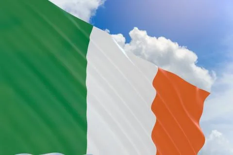 3D rendering of Ireland flag waving on blue sky background Stock Illustration