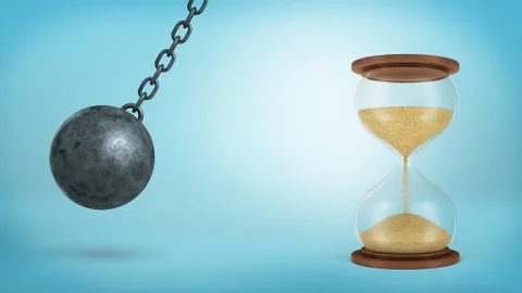 3d rendering of a iron wrecking ball swings on a chain ready to hit a large half Stock-Illustration