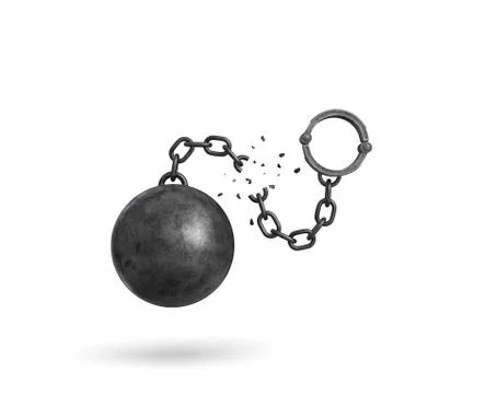 3d rendering of an isolated ball and chain broken in half with a detached Stock Illustration