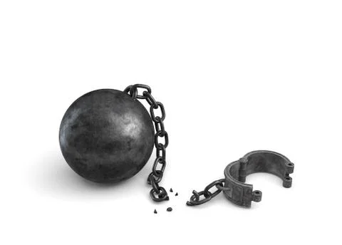 3d rendering of an isolated ball and chain lying broken near a leg shackle. Stock Illustration
