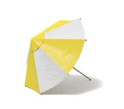 3d rendering of an isolated beach umbrella with white and yellow stripes on Ilustración de archivo
