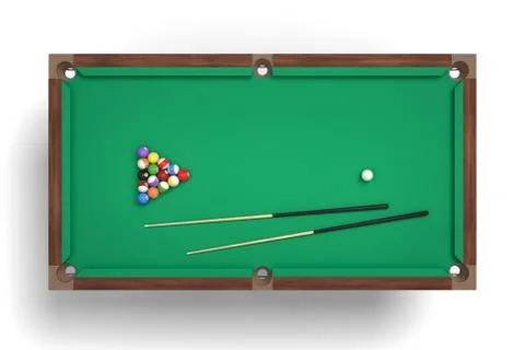 3d rendering of an isolated billiard table in a top view with a full set of Stock-Illustration