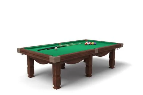 3d rendering of an isolated billiard table with a full set of sticks and balls Illustrazione stock