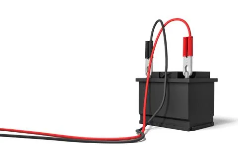 3d rendering of an isolated car battery with red and black battery clamps Stock Illustration