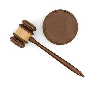 3d rendering of an isolated dark wood judge gavel and sound block in top view. Illustrazione stock