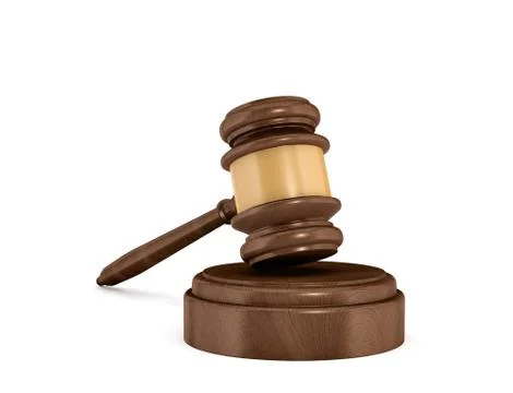 3d rendering of an isolated dark wood judge gavel resting on a sound block. Stock Illustration
