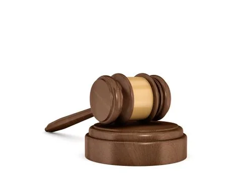 3d rendering of an isolated dark wood judge gavel resting on a sound block. Stock Illustration
