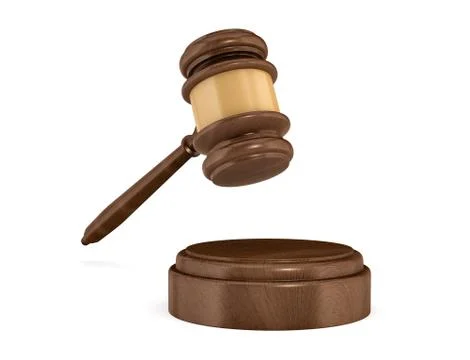 3d rendering of an isolated dark wood judge gavel and sound block. Stock Illustration