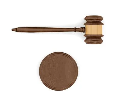 3d rendering of an isolated dark wood judge gavel and sound block in top view. Stock Illustration