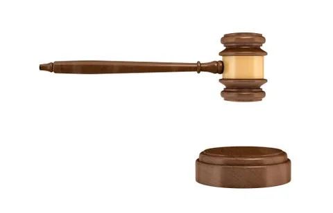 3d rendering of an isolated dark wood judge gavel and sound block. Ilustración de archivo