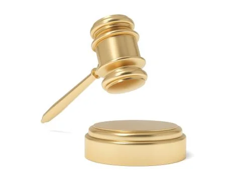 3d rendering of an isolated judge gavel in air under a sound block on a white Stock Illustration