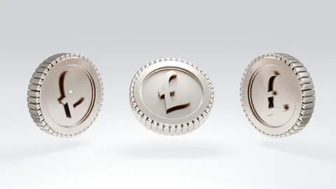 3D Rendering of isolated single silver British money coin pound in many ang.. Stock Illustration