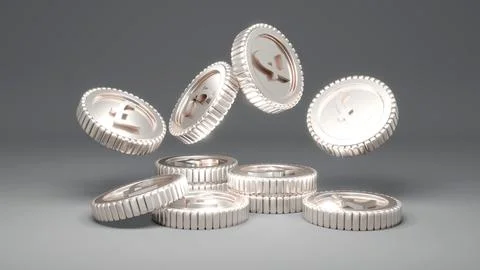 3D Rendering of isolated single silver British money coin pound falling on .. Stock Illustration
