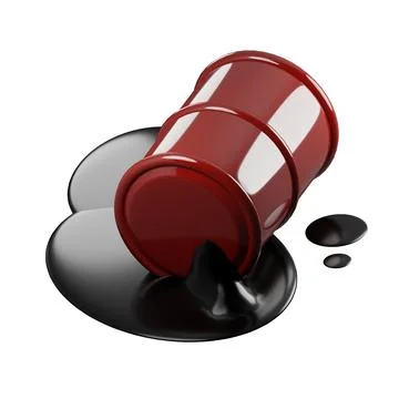 3D rendering of isometric red metal barrel with leaking oil. Pollution of e.. Illustrazione stock