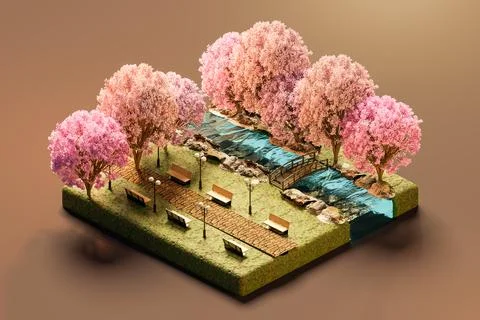 3d rendering isometric view of cherry blossom tree miniatures park with bench Ilustración de archivo