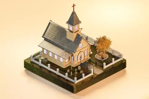 3d rendering of isometric view of exterior of church building with spire cros Ilustración de archivo