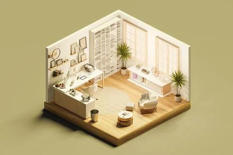 3d rendering of isometric view of modern study room in cartoon style with des Stock Illustration