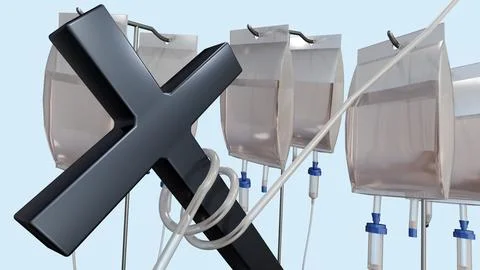 A 3d rendering of IV lines looping around a cross. Stock Illustration