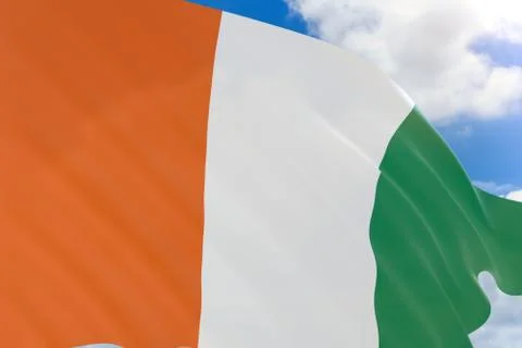 3D rendering of Ivory Coast flag waving on blue sky Stock Illustration