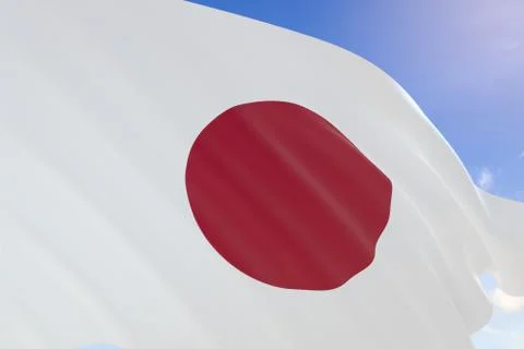 3D rendering of Japan flag waving on blue sky background Stock Illustration