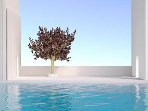 3D Rendering, Japanese cherry, outdoor area, swimming pool Stock Illustration