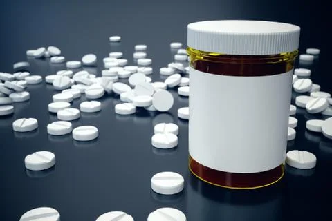 3D rendering Jar for pills, white pills scattered on the surface. Medicines for Stock Illustration