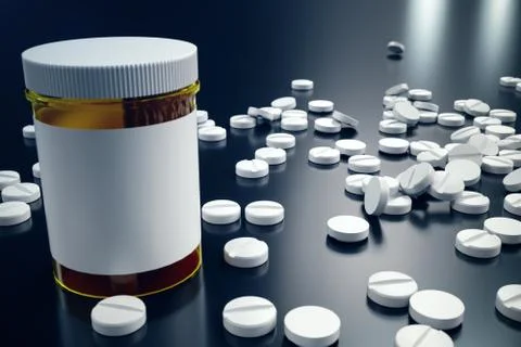 3D rendering Jar for pills, white pills scattered on the surface. Medicines for Stock Illustration