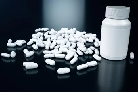 3D rendering Jar for pills, white pills scattered on the surface. Medicines for Stock Illustration