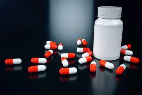 3D rendering Jar for pills, white pills scattered on the surface. Medicines for Stock Illustration