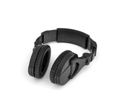 3d rendering of jet black wireless headphones with over-the-ear design lying on Stock Illustration