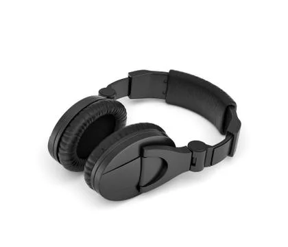 3d rendering of jet black wireless headphones with over-the-ear design lying on Stock Illustration