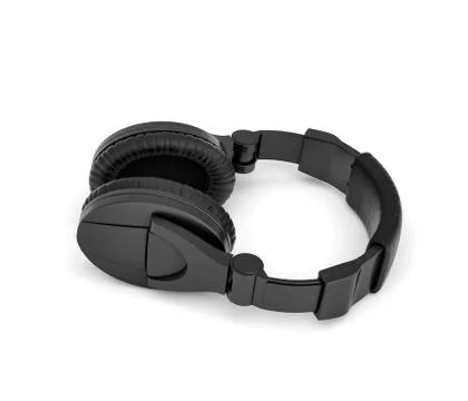 3d rendering of jet black wireless headphones with over-the-ear design lying on Stock Illustration
