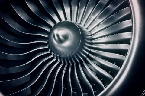 3D Rendering jet engine, close-up view jet engine blades. Blue tint. Stock Illustration